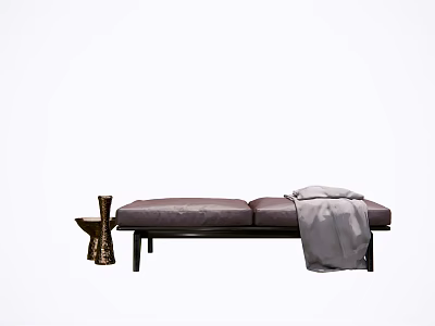 Dark Brown Leather Ottoman with Gray Blanket and Brass Vase in Modern Sleek Design 3d model