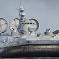 Military Hovercraft With Large Rotating Fans Radar System And Cannons On Water