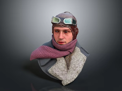 Man Wearing Vintage Aviator Goggles Hat And Purple Scarf With Fur Collar Coat 3d model