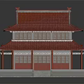 Two Story Ancient Chinese Traditional Building With Red Tile Roof Overhanging Eaves And Stone Steps