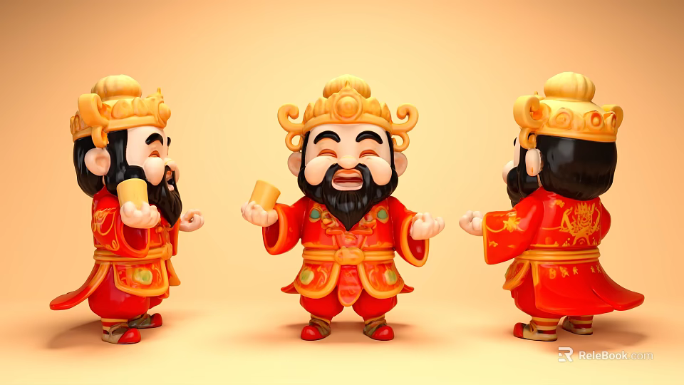 Cartoon Game Movie Characters In Red Traditional Costumes Golden Crowns Smiling Holding Gold Items 3d model 