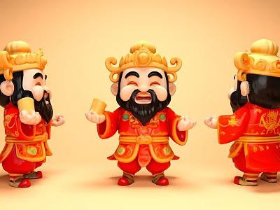 Cartoon Game Movie Characters In Red Traditional Costumes Golden Crowns Smiling Holding Gold Items 3d model