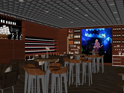 Modern Bar Interior With Brick Wall Wine Racks Bar Stools And Live Music Screen 3d model