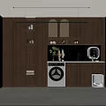Modern Laundry Room Design With Dark Wooden Cabinets Washing Machine Sink And Window Blinds