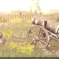 Old Wooden Cannon Cart in Sunset Forest Scene with Grass Stones and Wooden Fence