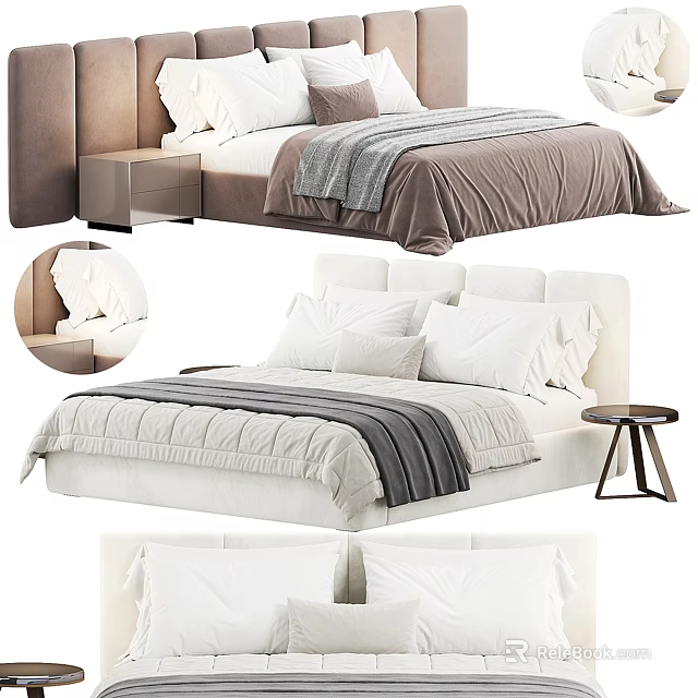 Modern Double Bed With Upholstered Headboard Linen Bedding And Sleek Bedside Table 3d model 