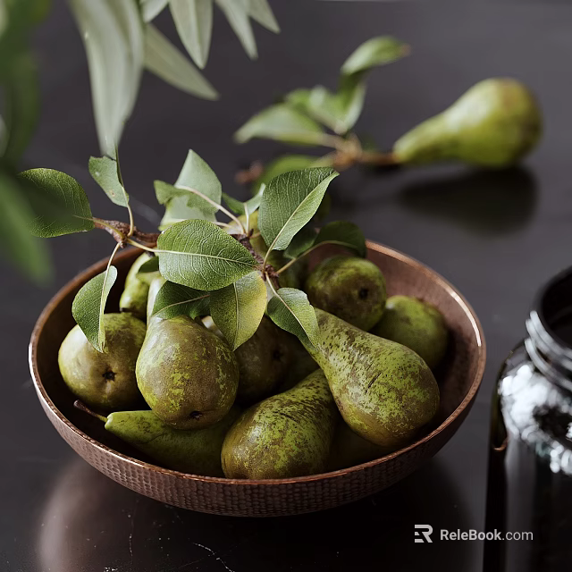 Green Pears In Copper Bowl Filled With Green Leaves Beside Glass Jar On Dark Table 3d model 