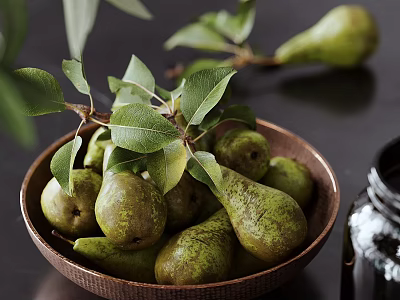 Green Pears In Copper Bowl Filled With Green Leaves Beside Glass Jar On Dark Table 3d model