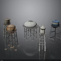 Various Water Tower Models With Diverse Designs And Metal Frame Structures