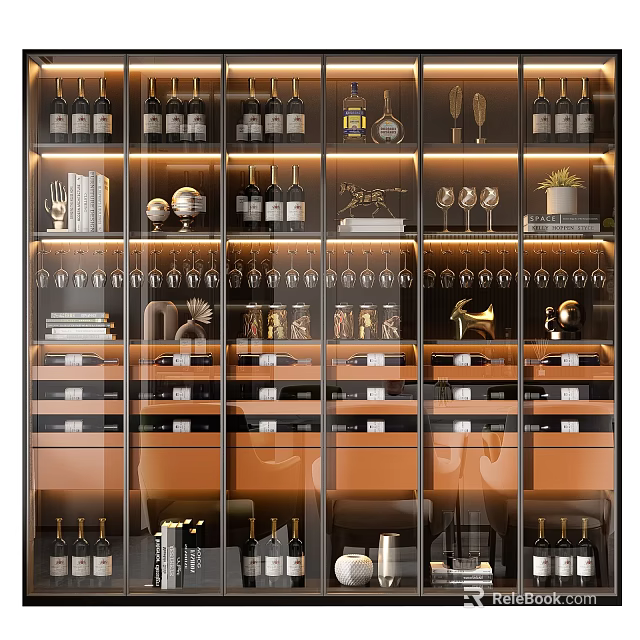 Luxury Modern Wine Cabinet Interior With Glass Doors Wine Bottles And Hanging Glasses 3d model 