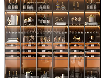 Luxury Modern Wine Cabinet Interior With Glass Doors Wine Bottles And Hanging Glasses 3d model