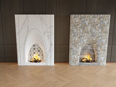 White Marble and Stone TV Wall Design with Arched Fireplace Flames Dark Wood Herringbone Floor 3d model
