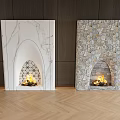 White Marble and Stone TV Wall Design with Arched Fireplace Flames Dark Wood Herringbone Floor