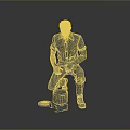 Male Sculpture Figure In Squatting Posture Holding Tool With Bucket And Lid