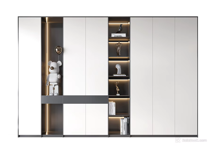 Modern Bookcase Interior Design With Mirror Panels LED Lighting And Decorative Books 3d model