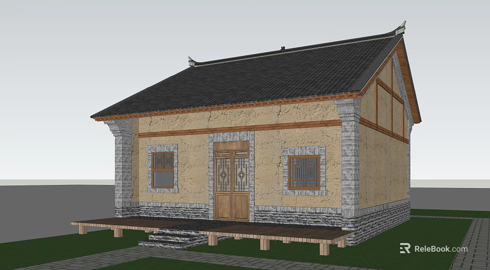 Traditional Chinese Homestay Architecture With Black Tile Roof Yellow Wall And Wooden Accents 3d model 