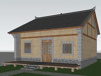 Traditional Chinese Homestay Architecture With Black Tile Roof Yellow Wall And Wooden Accents 3d model