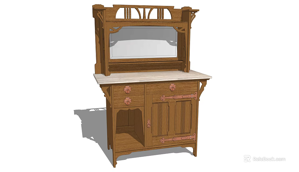 Traditional Wooden Sideboard With Mirror Top Carved Details And Storage Cabinets 3d model 