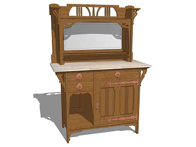 Traditional Wooden Sideboard With Mirror Top Carved Details And Storage Cabinets 3d model