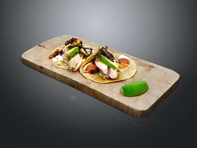 Delicious Chicken Tacos With Avocado Sour Cream On Wooden Board And Green Chili 3d model