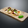 Delicious Chicken Tacos With Avocado Sour Cream On Wooden Board And Green Chili