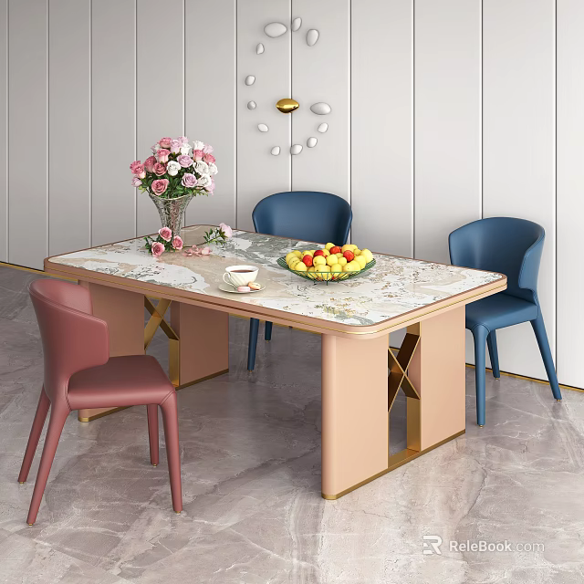 Modern Dining Table Combination With Marble Tabletop Pink Gold Legs Blue Pink Chairs Flower Bouquet 3d model 