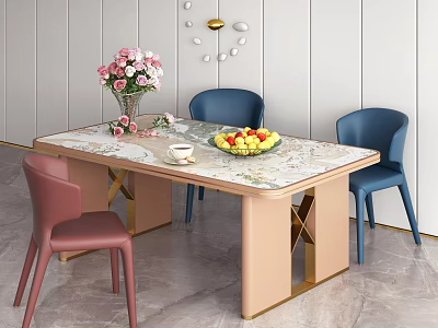 Modern Dining Table Combination With Marble Tabletop Pink Gold Legs Blue Pink Chairs Flower Bouquet 3d model