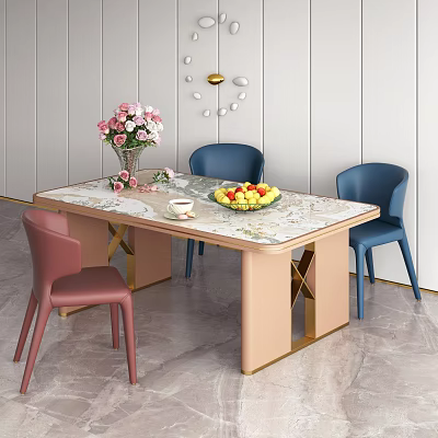 Modern Dining Table Combination With Marble Tabletop Pink Gold Legs Blue Pink Chairs Flower Bouquet 3d model