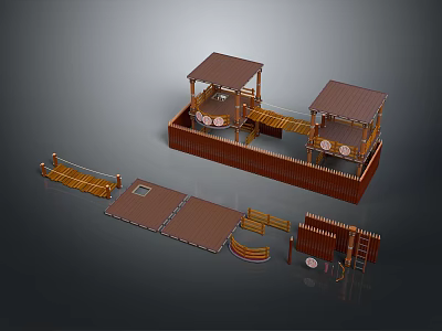 Detailed Wooden Outdoor Structure Model With Roofed Pavilions Platforms And Stairs 3d model