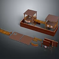 Detailed Wooden Outdoor Structure Model With Roofed Pavilions Platforms And Stairs