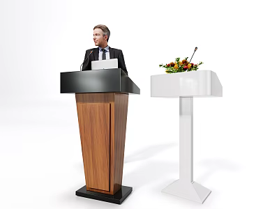 Modern Functional Desk Podium With White Design And Flower Arrangement For Presentations 3d model