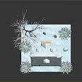 Snowy House Scene With Snow Covered Roof Red Chimney And Lit Christmas Trees