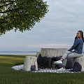 Stone Outdoor Table With Large Tree Grass Area And Waterfront Relaxing Seating 3d model