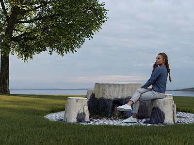 Stone Outdoor Table With Large Tree Grass Area And Waterfront Relaxing Seating 3d model