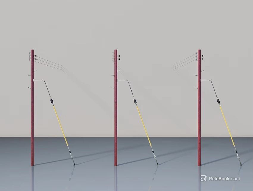 Red Frame Swing Door With Yellow Support Rods And Gray Background 3d model 