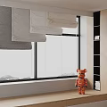 Gray and White Window Blinds in Modern Interior with Red Bear Toy and Shelf