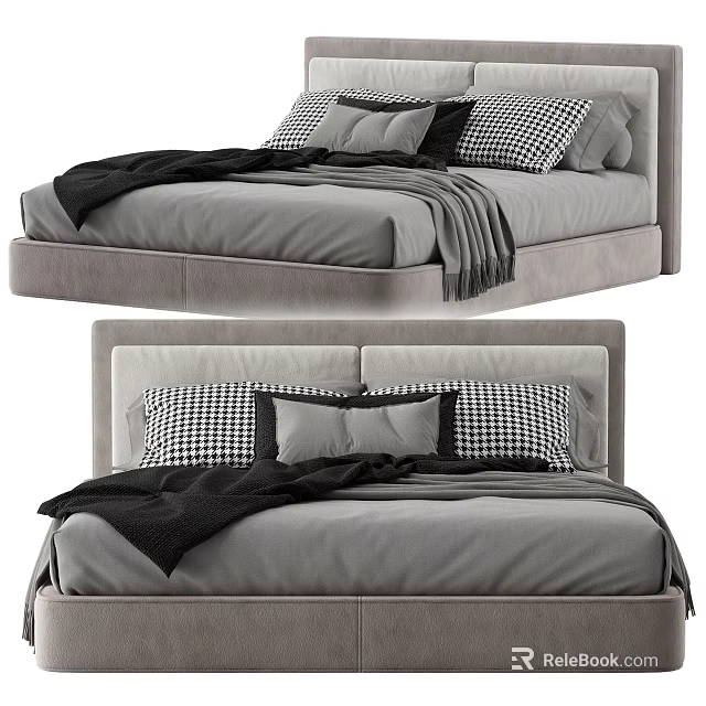 Modern Gray Double Bed With Upholstered Headboard And Checkered Pillows 3d model