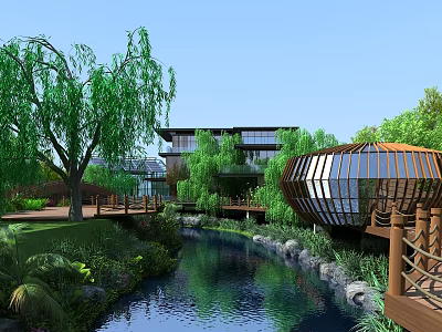 Scenic Park Landscape Featuring Weeping Willows Stream Wooden Walkway Glass Pavilion And Lush Greenery 3d model