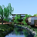 Scenic Park Landscape Featuring Weeping Willows Stream Wooden Walkway Glass Pavilion And Lush Greenery