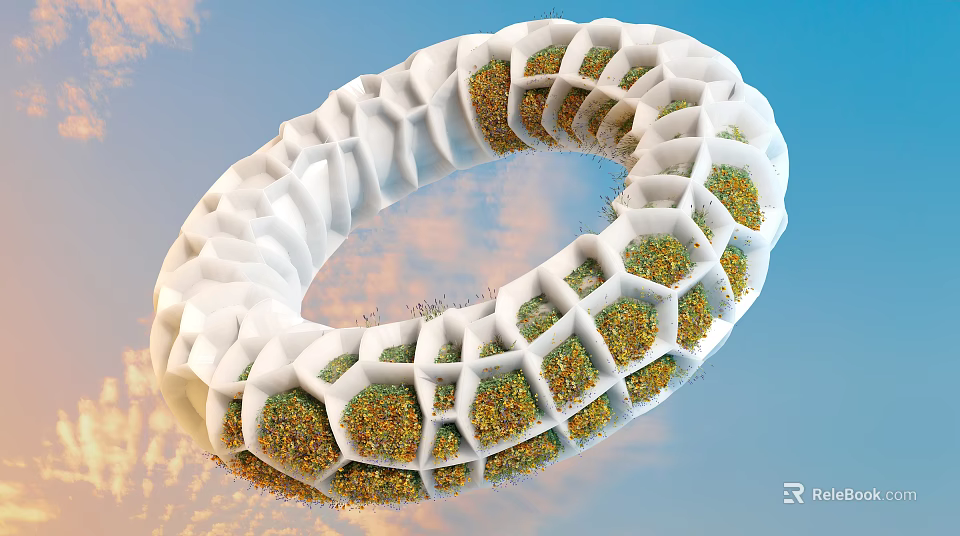 White Circular Commercial Equipment With Honeycomb Grids Green Yellow Plants Blue Sky Orange Clouds 3d model 