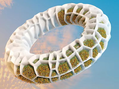 White Circular Commercial Equipment With Honeycomb Grids Green Yellow Plants Blue Sky Orange Clouds 3d model