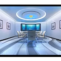 Modern Break Room With White Curved Counter Display Shelves TV Screens And Bar Stools