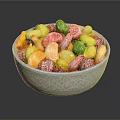White Decorative Bowl With Snowflake Pattern Filled Colorful Gold Green Pink Wrapped Candies