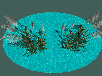 Lush Feathery Reed Plants with Green Leaves on Serene Blue Water Surface 3d model