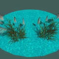 Lush Feathery Reed Plants with Green Leaves on Serene Blue Water Surface