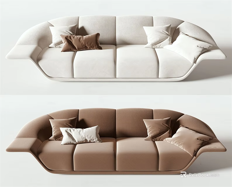 Modern Sectional Sofa Design With White And Brown Velvet Upholstery And Decorative Pillows 3d model 