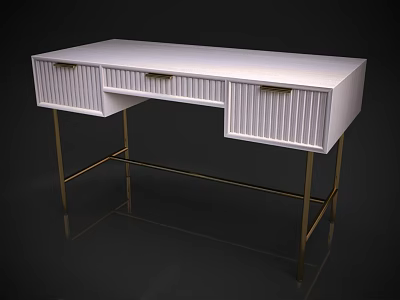 Stylish White Dressing Table With Multiple Ribbed Drawers And Gold Metal Legs 3d model