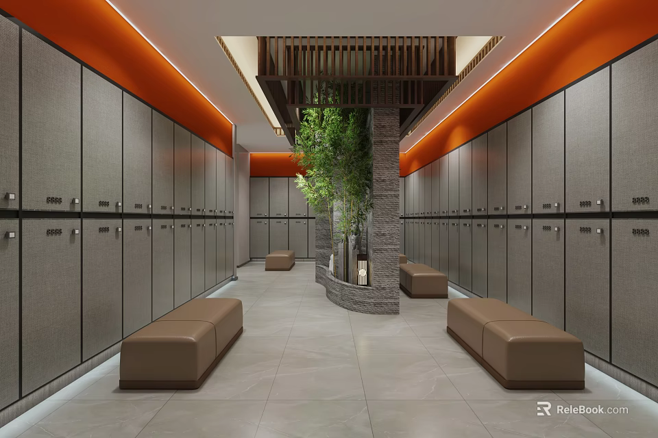 SPA Sauna Locker Room Interior With Gray Lockers Benches And Green Plant 3d model 
