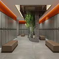 SPA Sauna Locker Room Interior With Gray Lockers Benches And Green Plant