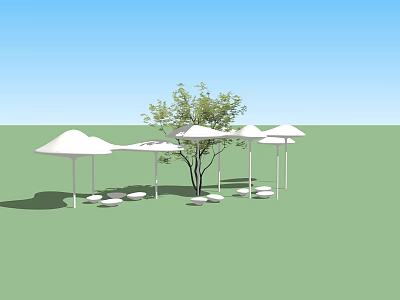 Outdoor Space with White Canopy Structures Small Tree and Round Seats on Grassy Area 3d model